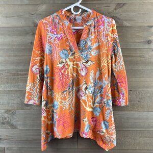 Chicos Womens Shirt 3/4 Sleeve Coral Cotton Slub Vneck Sharkbite Hem 0 Small